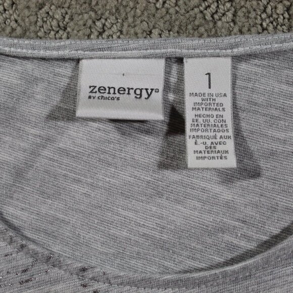 Zenergy by Chico's Size 8 Grey, Silver and White Lace Trimmed Shirt - Picture 3 of 7